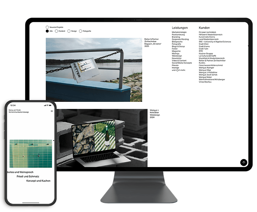 Webseite der Agentur Friedl und Schmatz auf iPhone und Mac.