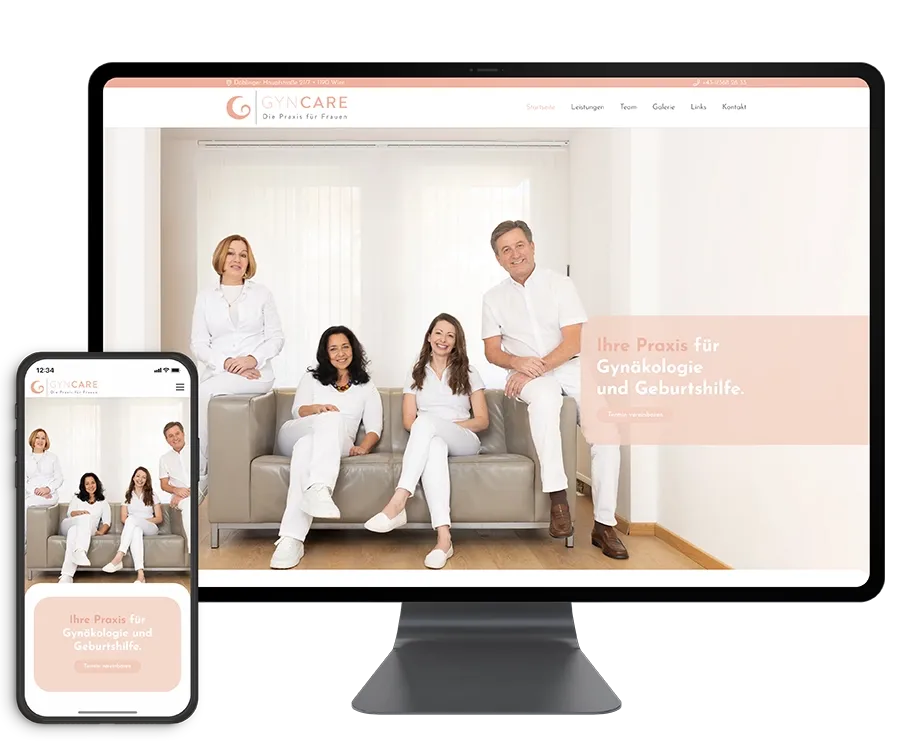 Startseite der Webseite von "GynCare" als Mockup auf Mac und iPhone.